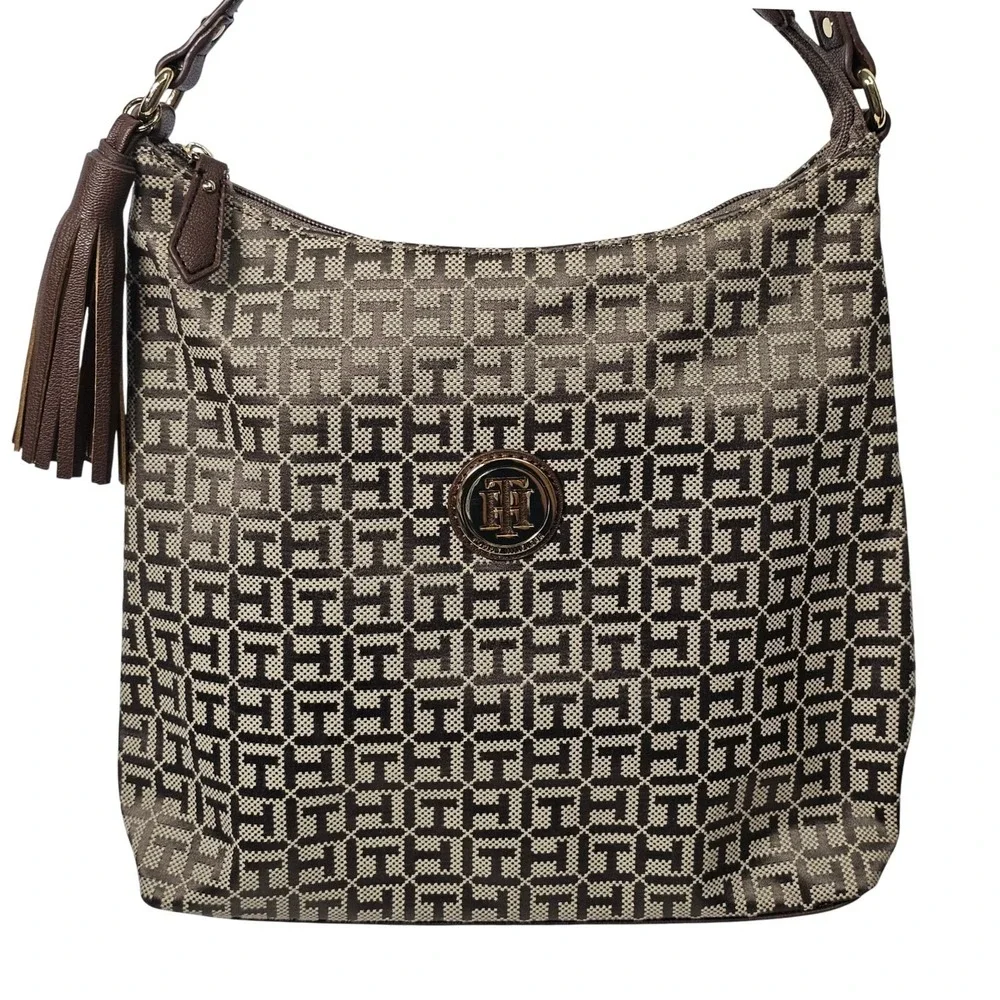 Tommy Hilfiger Hobo Bag Shoulder Purse Monogram Brown Tassel Logo Canvas Medium‎